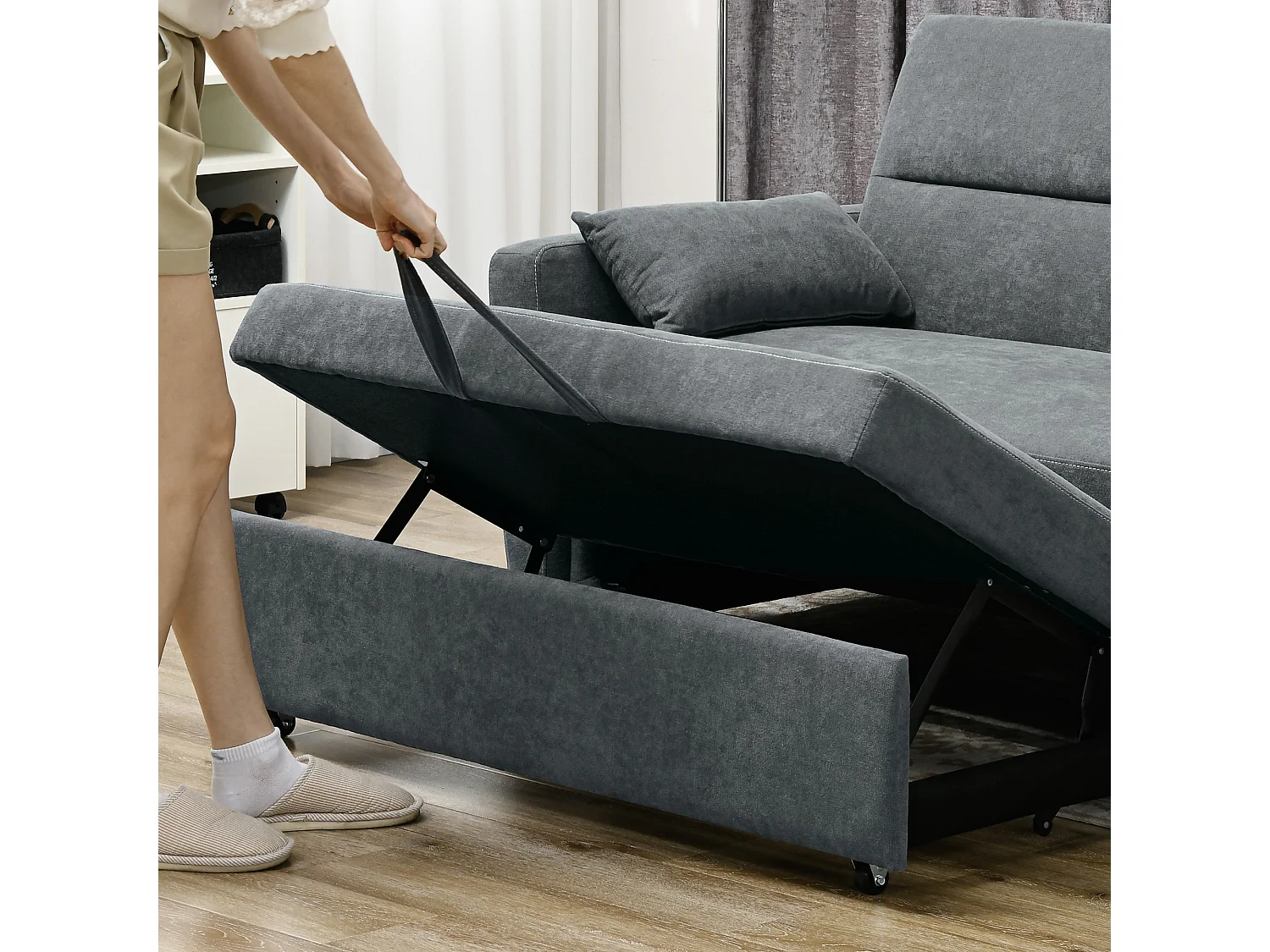 Divano letto 2 posti con schienale reclinabile e cuscini, tessuto in velluto, trasformabile in letto, struttura in legno, per soggiorno o camera da letto