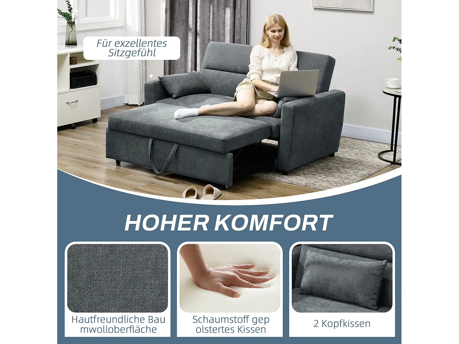 Canapé-lit 2 places avec dossier inclinable et coussins, tissu velours, convertible en lit, cadre bois, pour salon ou chambre