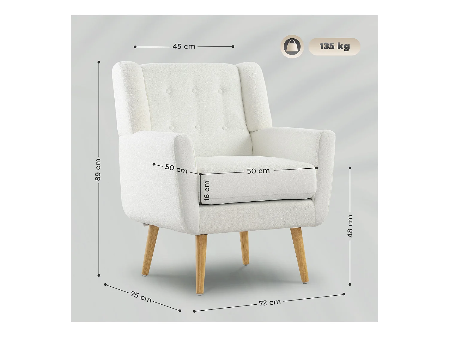 Poltrona relax in pile, stile cuscino, schienale imbottito, gambe in legno, poltrona relax per camera da letto/soggiorno, portata massima 135 kg, colore bianco.