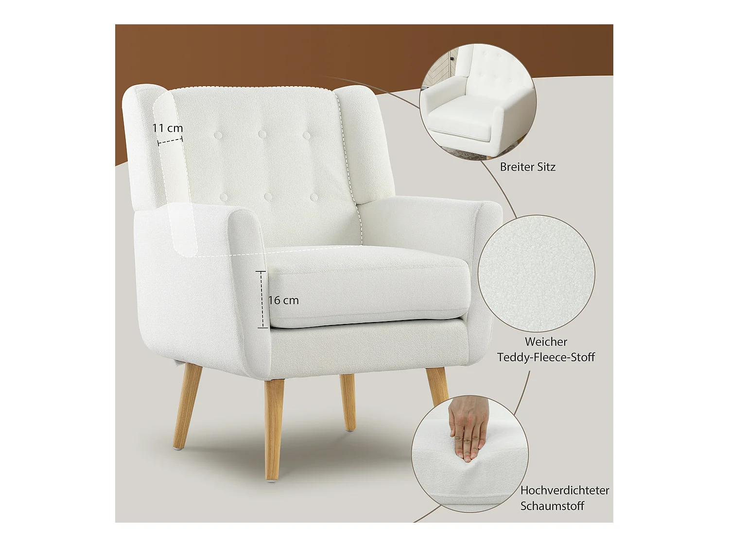 Poltrona relax in pile, stile cuscino, schienale imbottito, gambe in legno, poltrona relax per camera da letto/soggiorno, portata massima 135 kg, colore bianco.