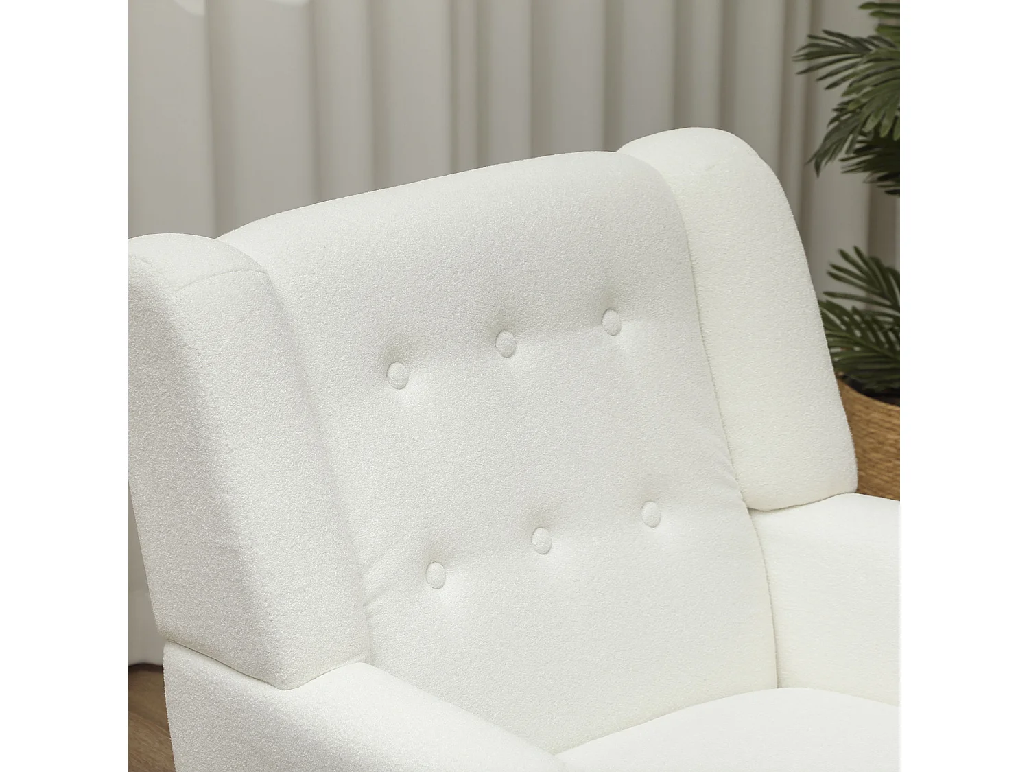 Fauteuil lounge en tissu polaire style orelier, dossier capitonné, pieds bois, fauteuil relax chambre/salon, 135 kg max, blanc