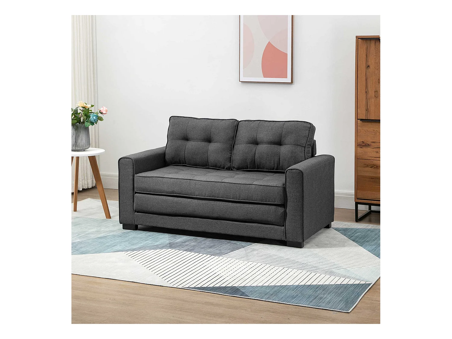 Divano letto a 2 posti con funzione letto, design minimalista in lino, legno di caucciù, grigio, 147,5x75x85 cm