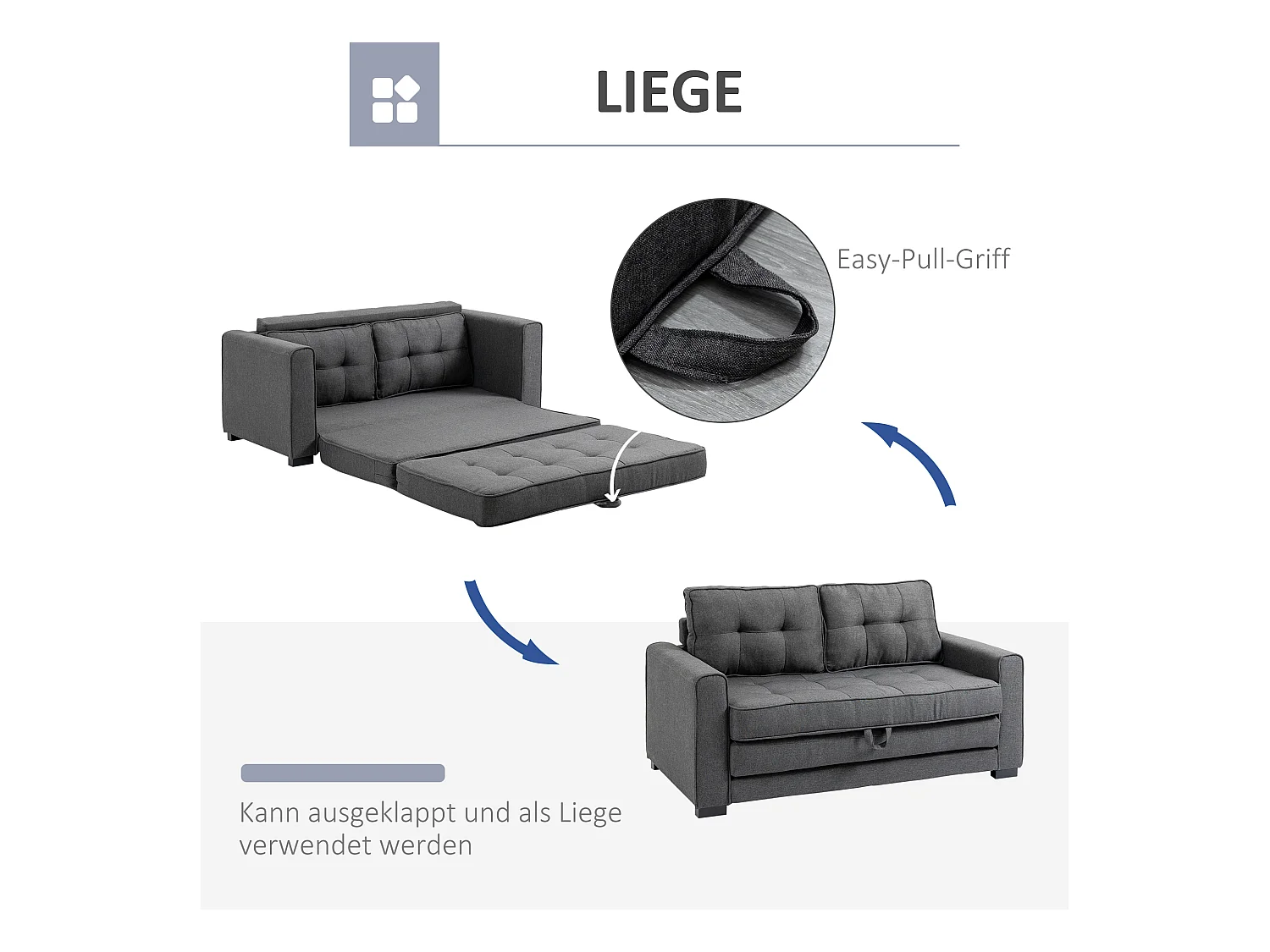 Divano letto a 2 posti con funzione letto, design minimalista in lino, legno di caucciù, grigio, 147,5x75x85 cm