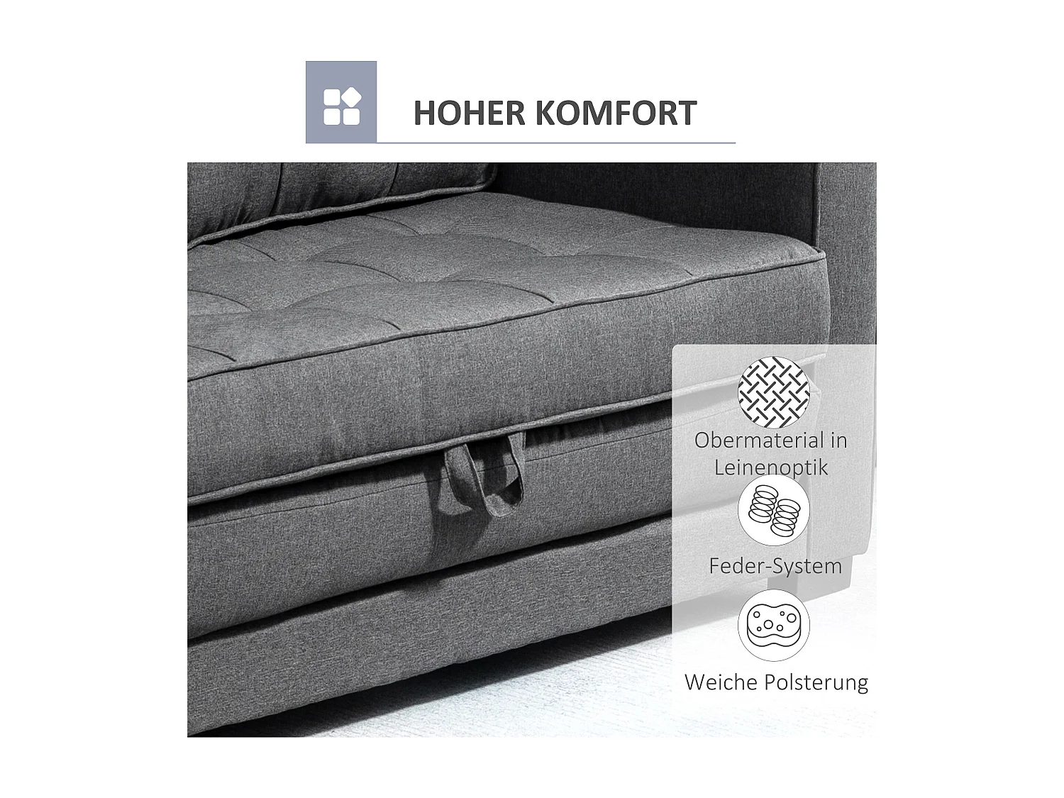 Divano letto a 2 posti con funzione letto, design minimalista in lino, legno di caucciù, grigio, 147,5x75x85 cm