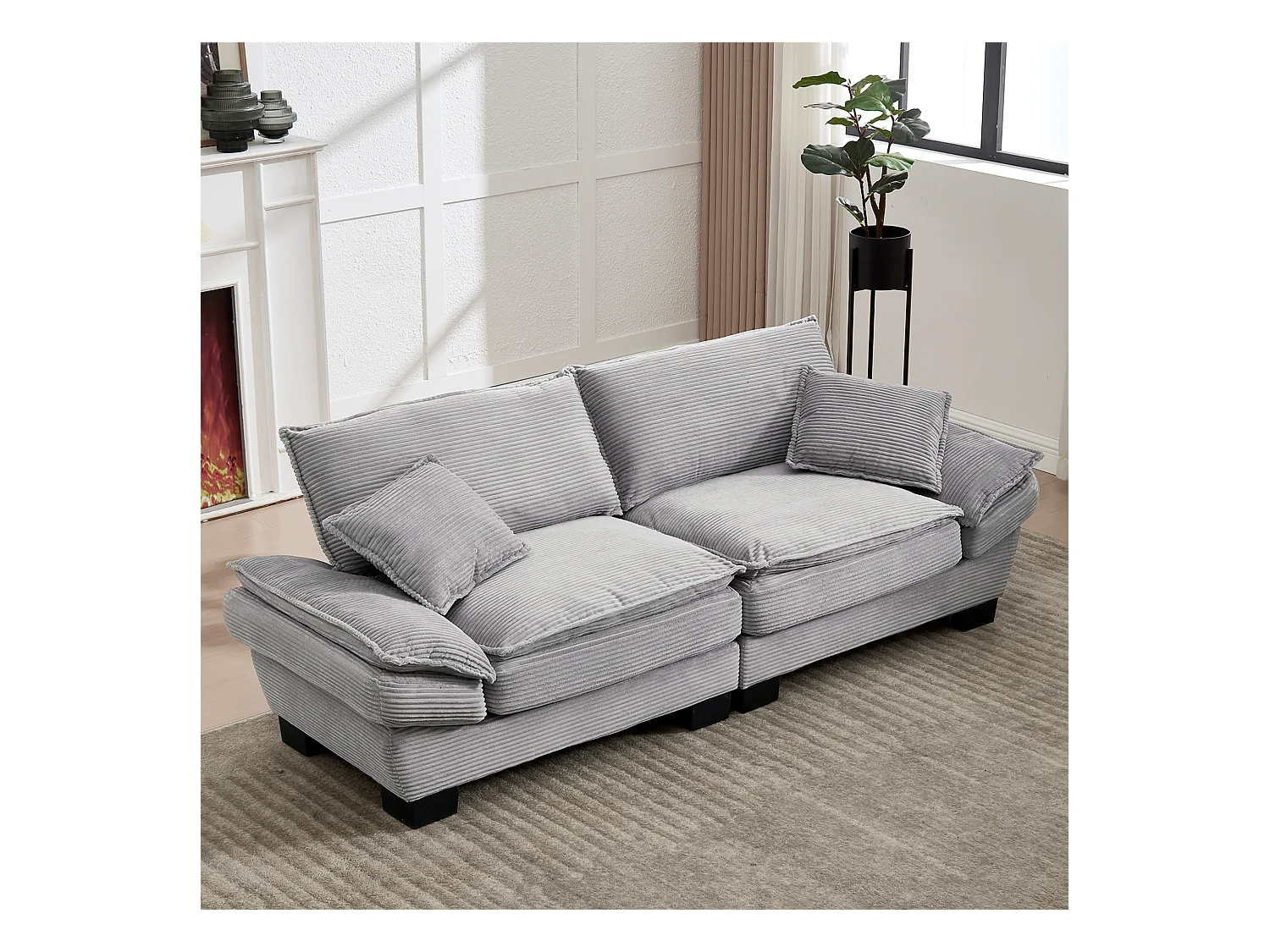 Divano trasformabile a 2 posti in velluto grigio chiaro, seduta profonda, cuscini inclusi, design moderno e confortevole