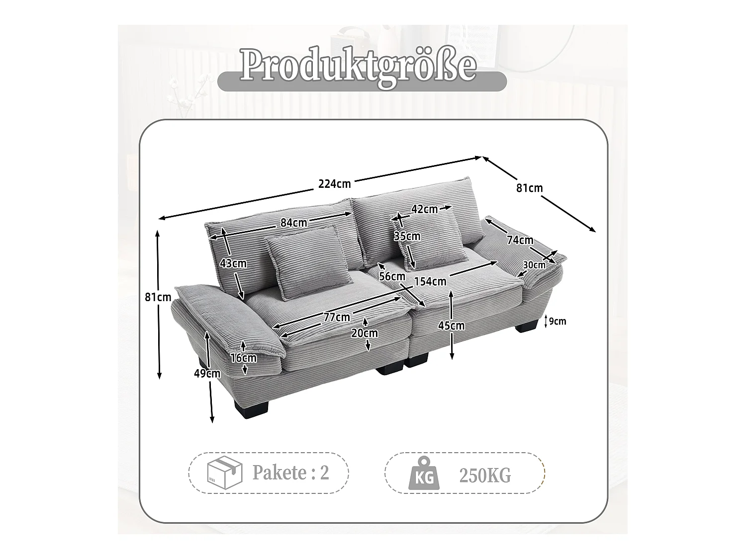 Divano trasformabile a 2 posti in velluto grigio chiaro, seduta profonda, cuscini inclusi, design moderno e confortevole