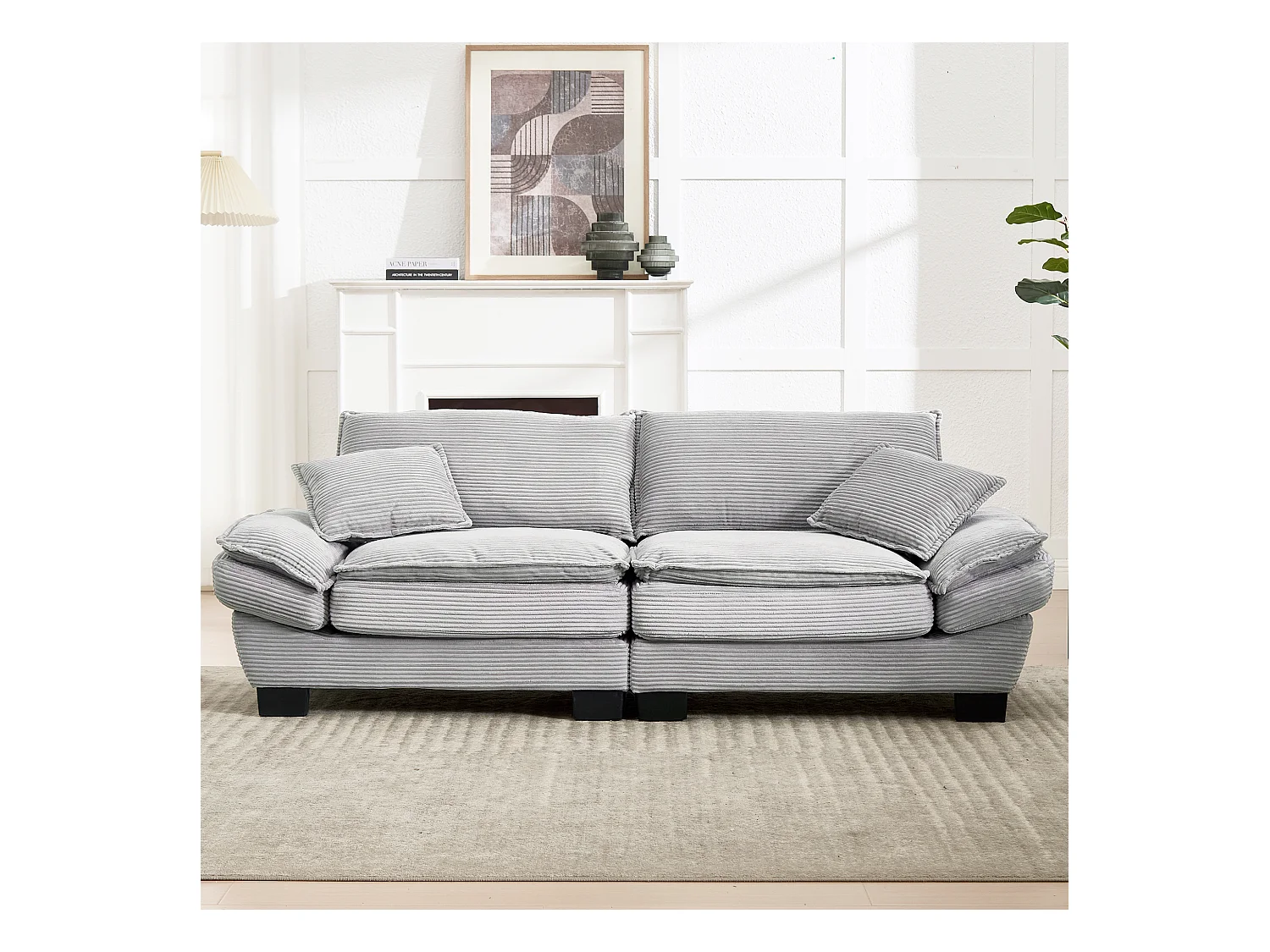 Divano trasformabile a 2 posti in velluto grigio chiaro, seduta profonda, cuscini inclusi, design moderno e confortevole