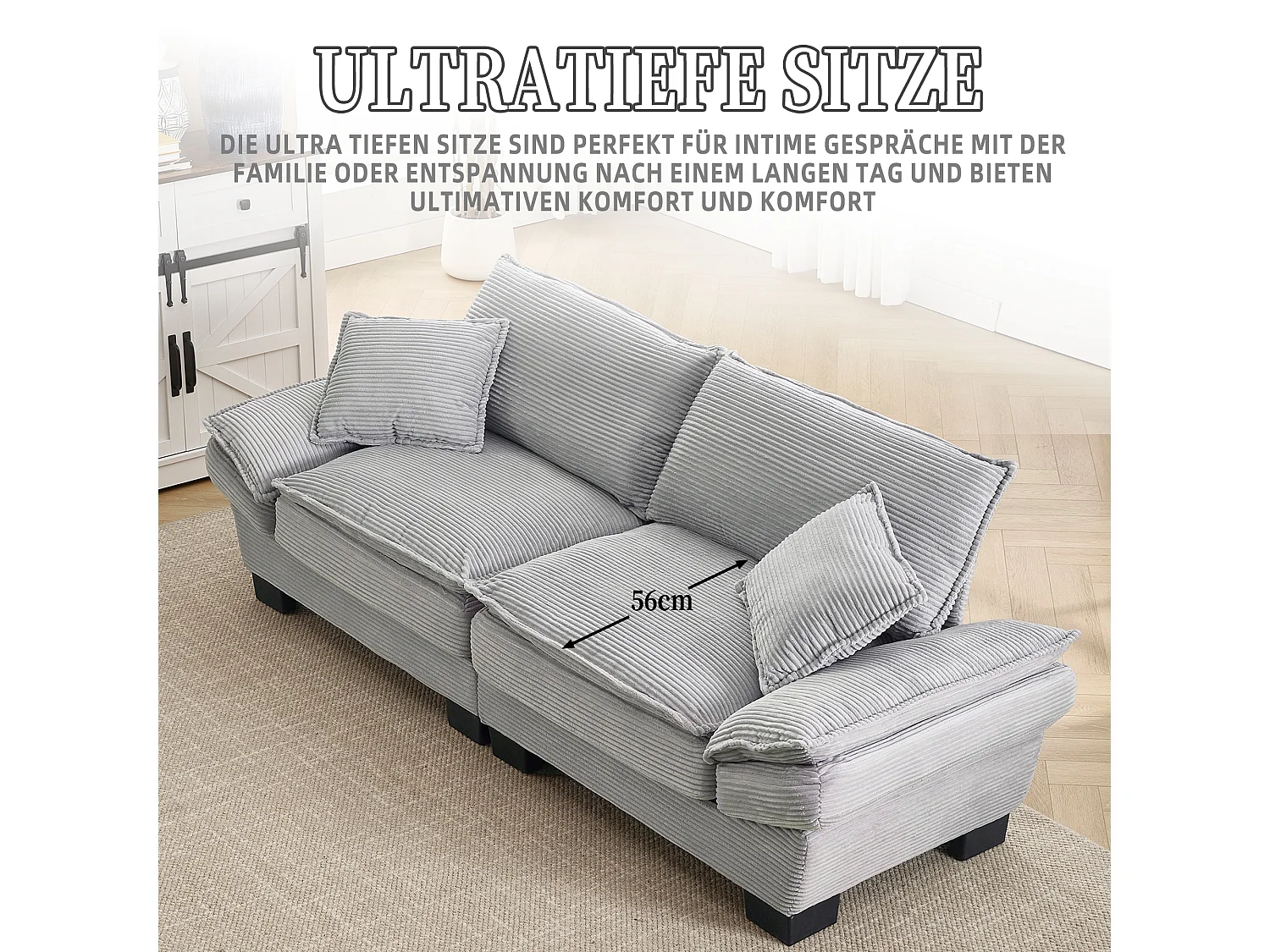 Divano trasformabile a 2 posti in velluto grigio chiaro, seduta profonda, cuscini inclusi, design moderno e confortevole