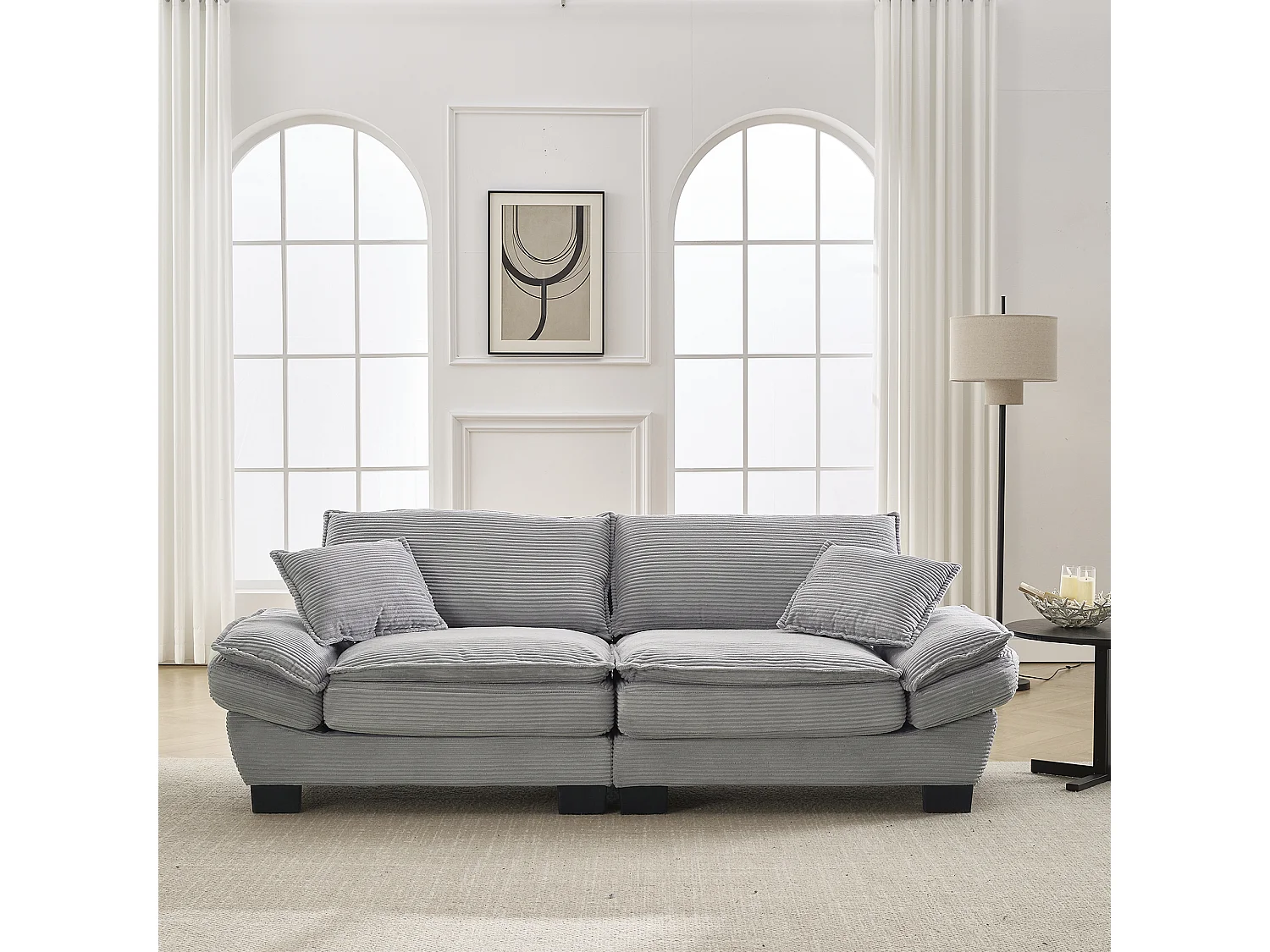 Divano trasformabile a 2 posti in velluto grigio chiaro, seduta profonda, cuscini inclusi, design moderno e confortevole