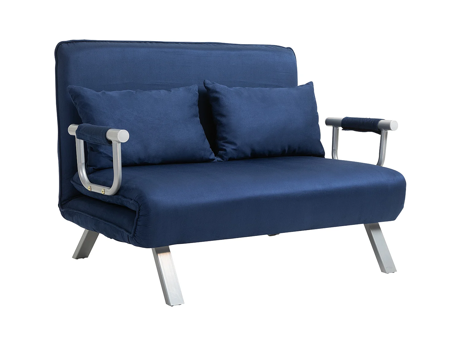 Divano letto 2 posti blu in tessuto effetto velluto – schienale reclinabile in 5 posizioni, cuscini inclusi, struttura in metallo – 111x80x78 cm