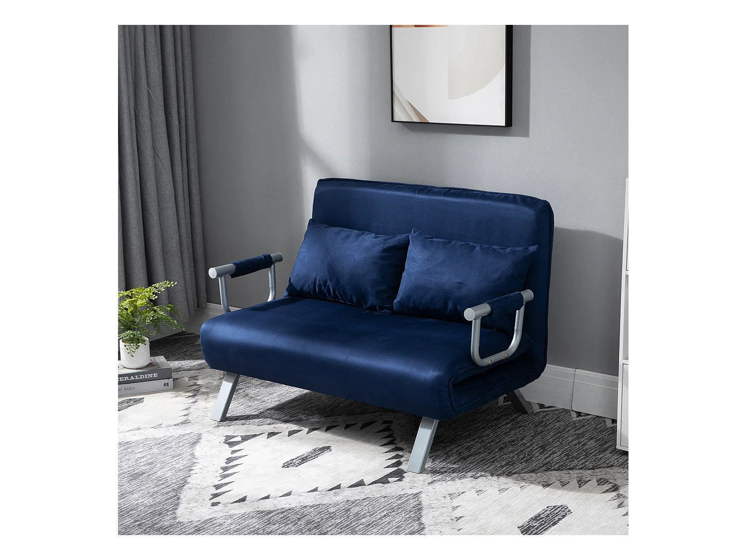 Divano letto 2 posti blu in tessuto effetto velluto – schienale reclinabile in 5 posizioni, cuscini inclusi, struttura in metallo – 111x80x78 cm