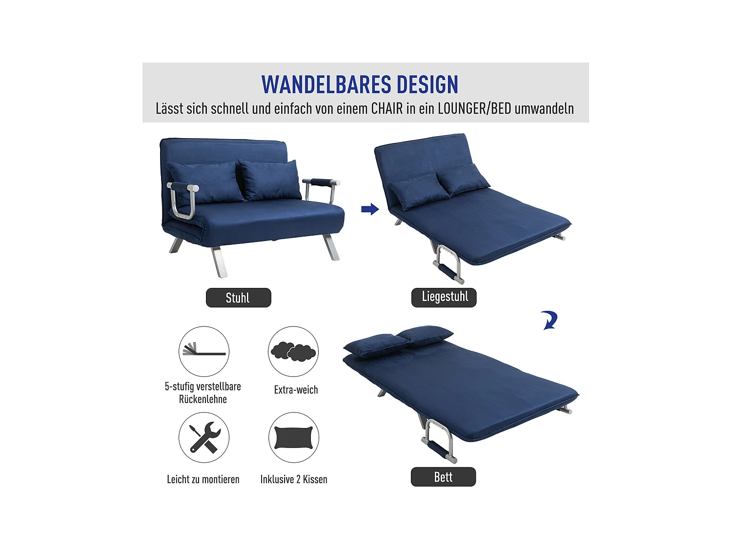 Divano letto 2 posti blu in tessuto effetto velluto – schienale reclinabile in 5 posizioni, cuscini inclusi, struttura in metallo – 111x80x78 cm