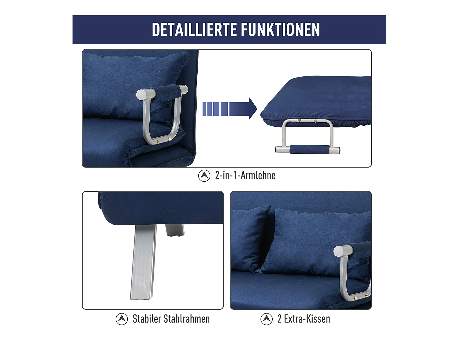 Divano letto 2 posti blu in tessuto effetto velluto – schienale reclinabile in 5 posizioni, cuscini inclusi, struttura in metallo – 111x80x78 cm