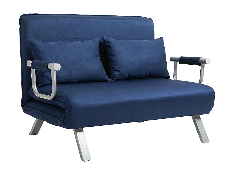 Divano letto 2 posti blu in tessuto effetto velluto – schienale reclinabile in 5 posizioni, cuscini inclusi, struttura in metallo – 111x80x78 cm