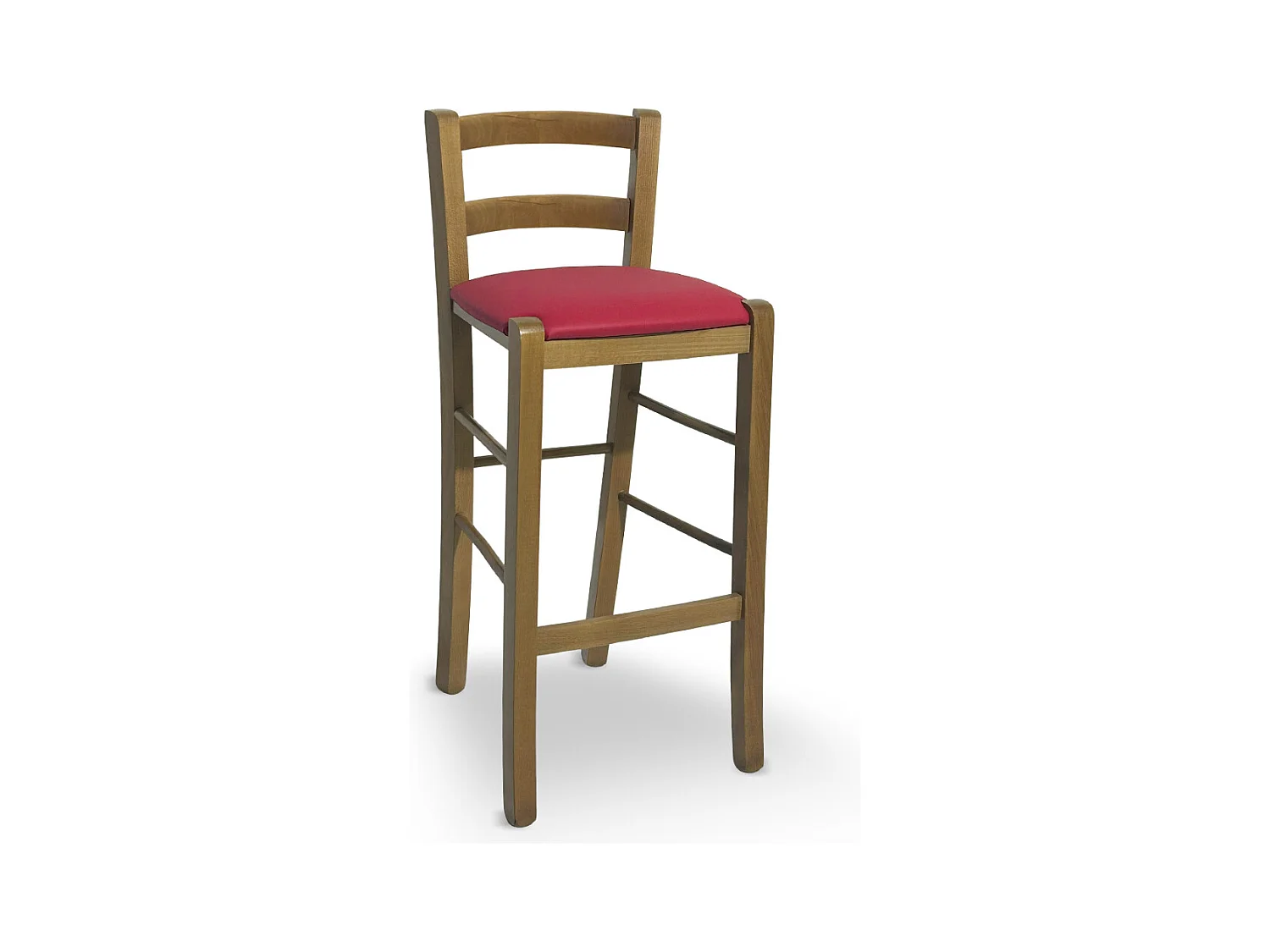Tabouret en bois de noyer clair avec dossier de 66 cm de hauteur et assise en similicuir rouge