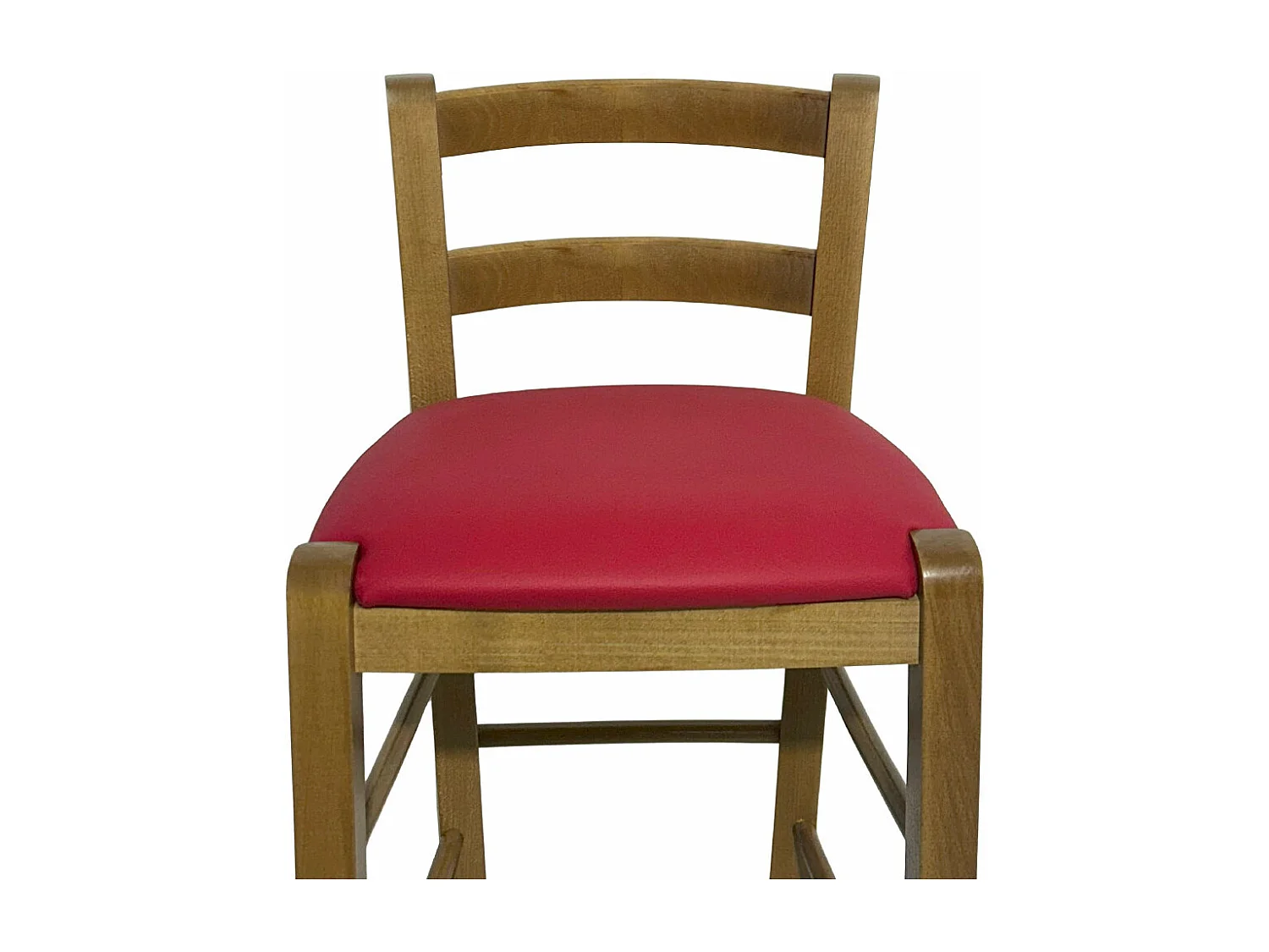 Tabouret en bois de noyer clair avec dossier de 66 cm de hauteur et assise en similicuir rouge