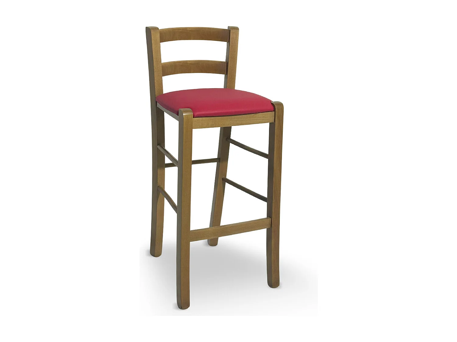 Tabouret en bois de noyer clair avec dossier de 66 cm de hauteur et assise en similicuir rouge