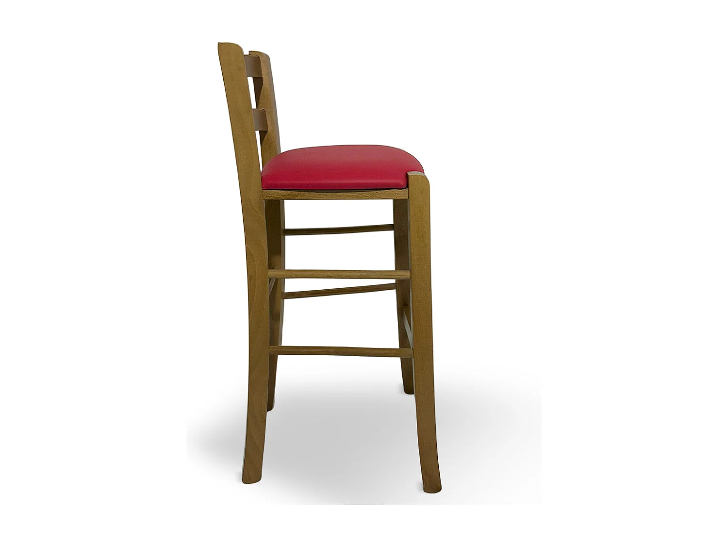 Tabouret en bois de noyer clair avec dossier de 66 cm de hauteur et assise en similicuir rouge