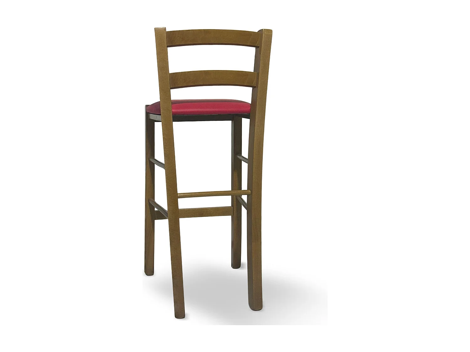 Tabouret en bois de noyer clair avec dossier de 66 cm de hauteur et assise en similicuir rouge
