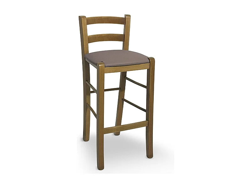 Tabouret en bois de noyer clair avec dossier h 66cm et assise en simili cuir gris tourterelle