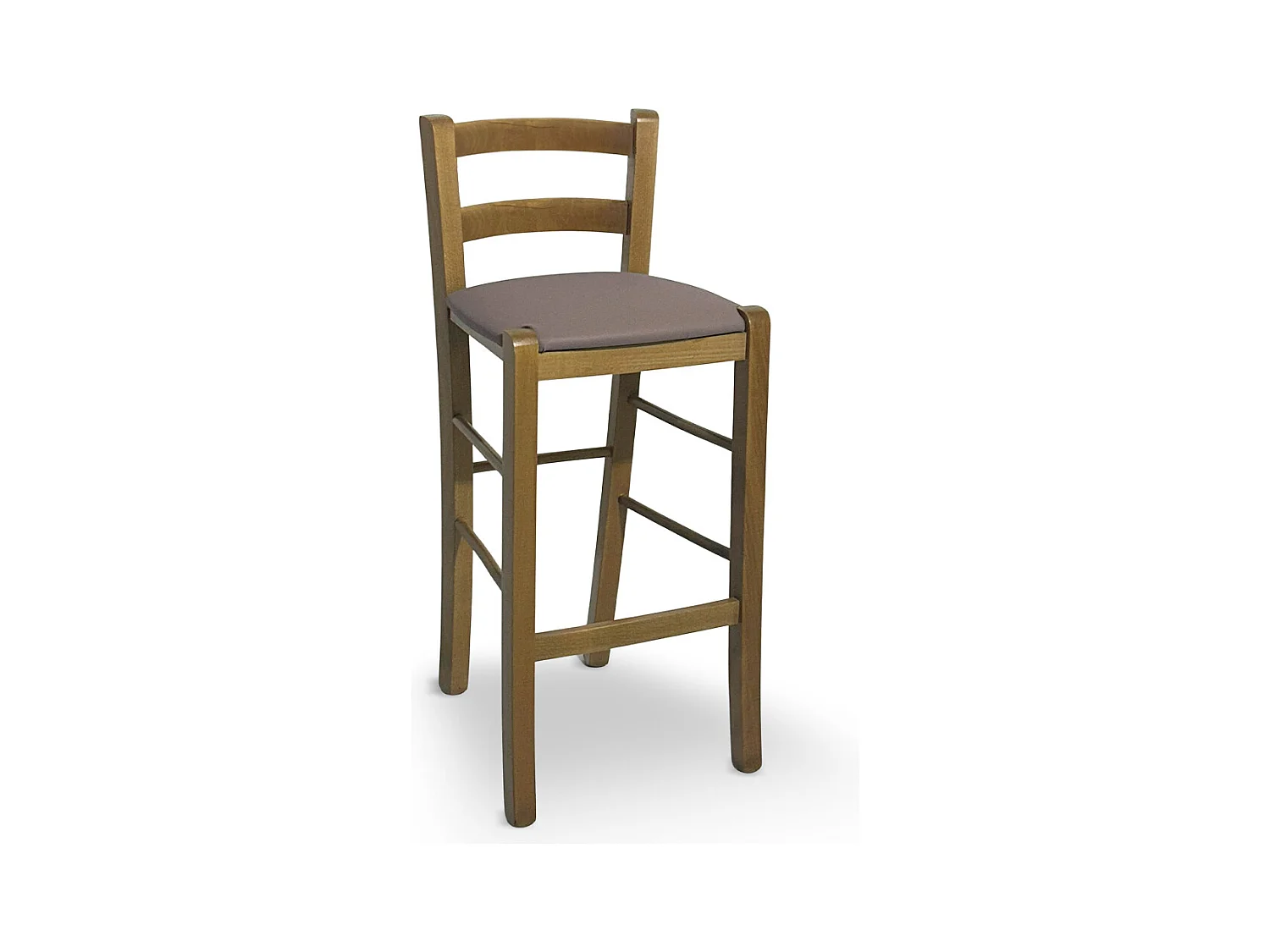 Taburete de madera de nogal claro con respaldo h 66cm y asiento de polipiel gris tórtola.