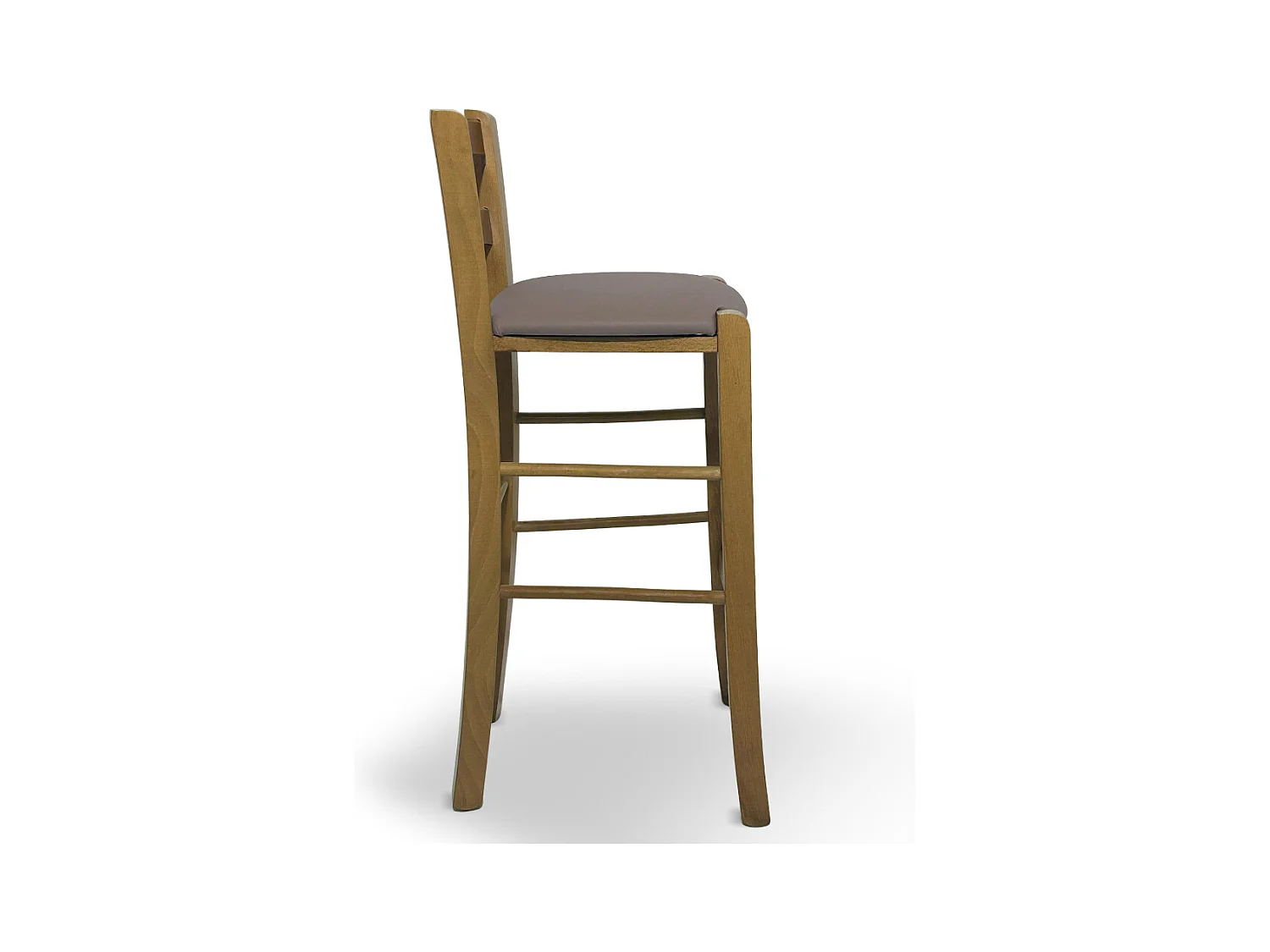 Taburete de madera de nogal claro con respaldo h 66cm y asiento de polipiel gris tórtola.