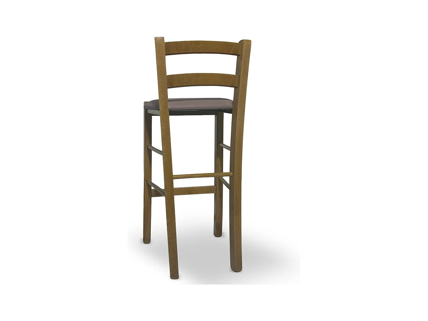 Taburete de madera de nogal claro con respaldo h 66cm y asiento de polipiel gris tórtola.