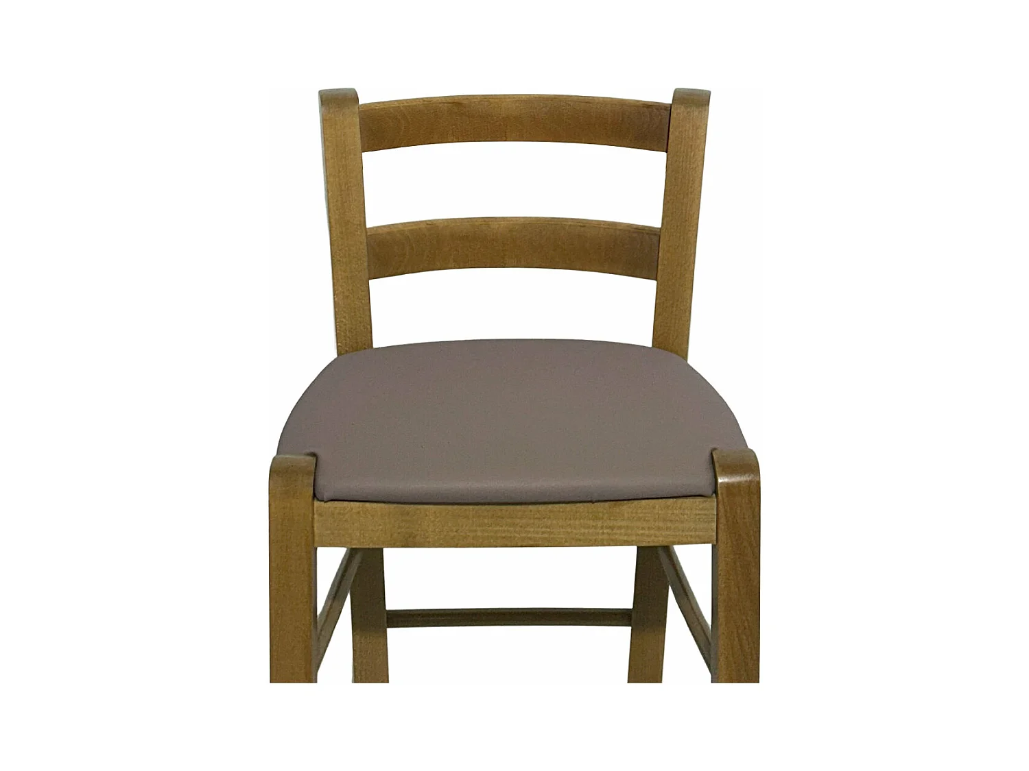 Taburete de madera de nogal claro con respaldo h 66cm y asiento de polipiel gris tórtola.