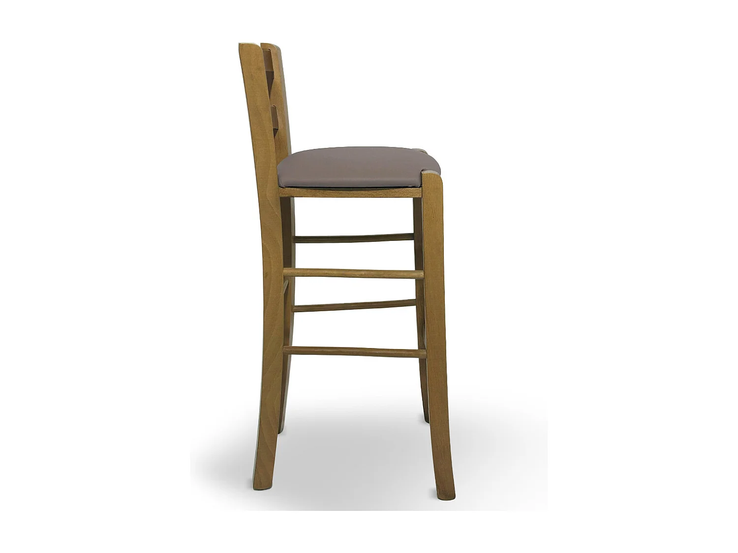 Tabouret en bois de noyer clair avec dossier h 66cm et assise en simili cuir gris tourterelle