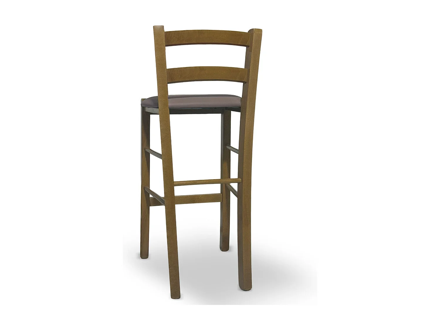 Tabouret en bois de noyer clair avec dossier h 66cm et assise en simili cuir gris tourterelle