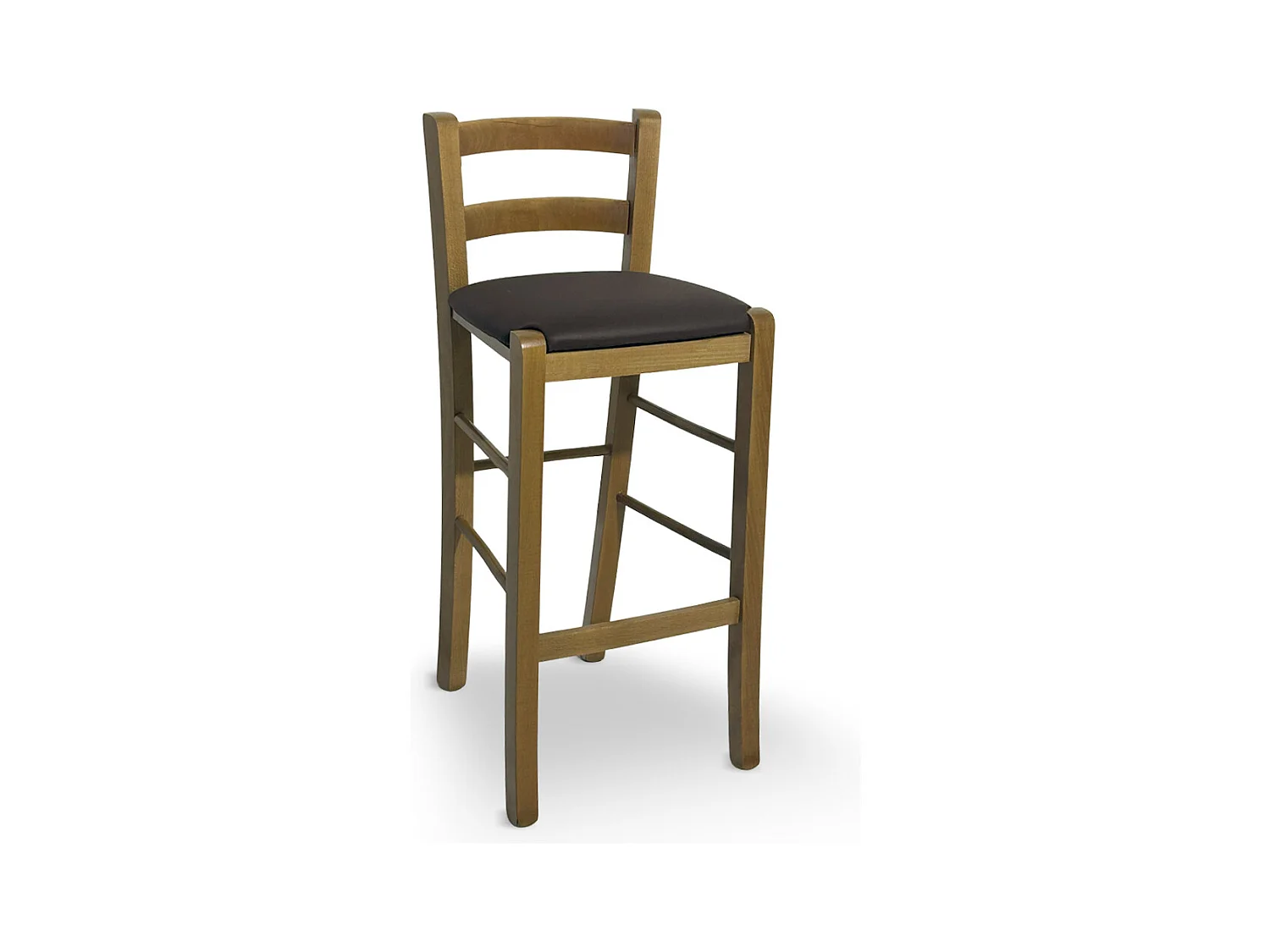 Tabouret en bois de noyer clair avec dossier h 66cm et assise en simili cuir marron