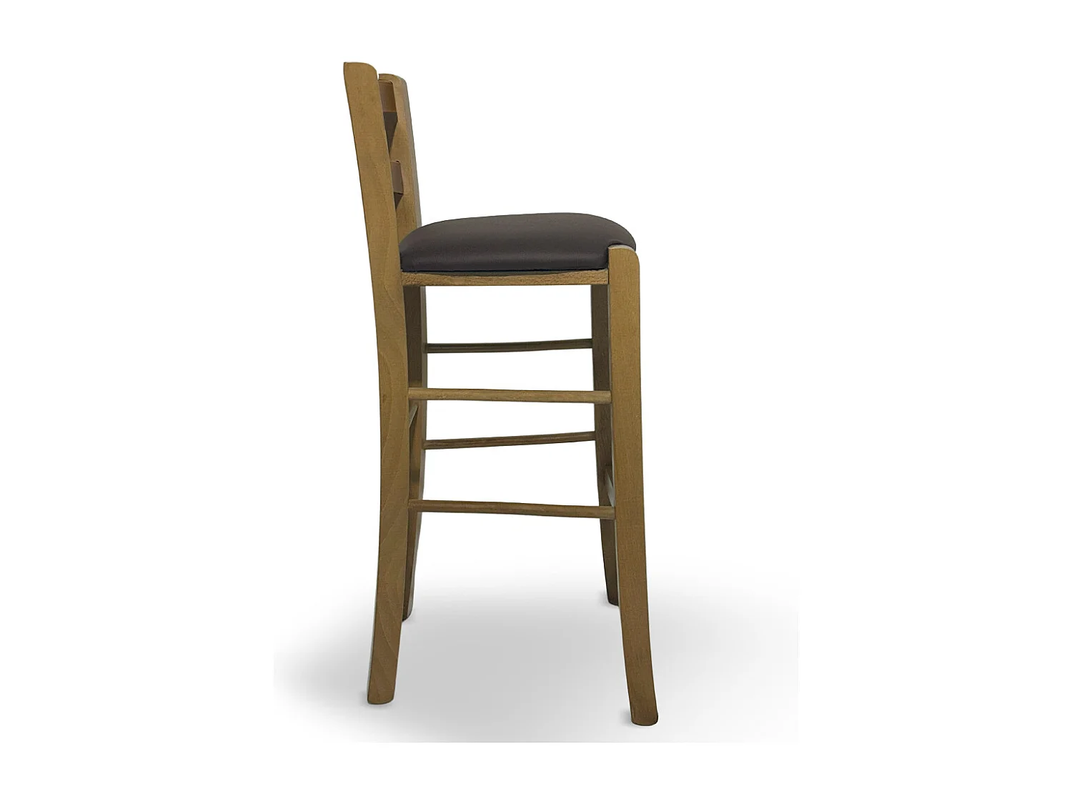 Tabouret en bois de noyer clair avec dossier h 66cm et assise en simili cuir marron