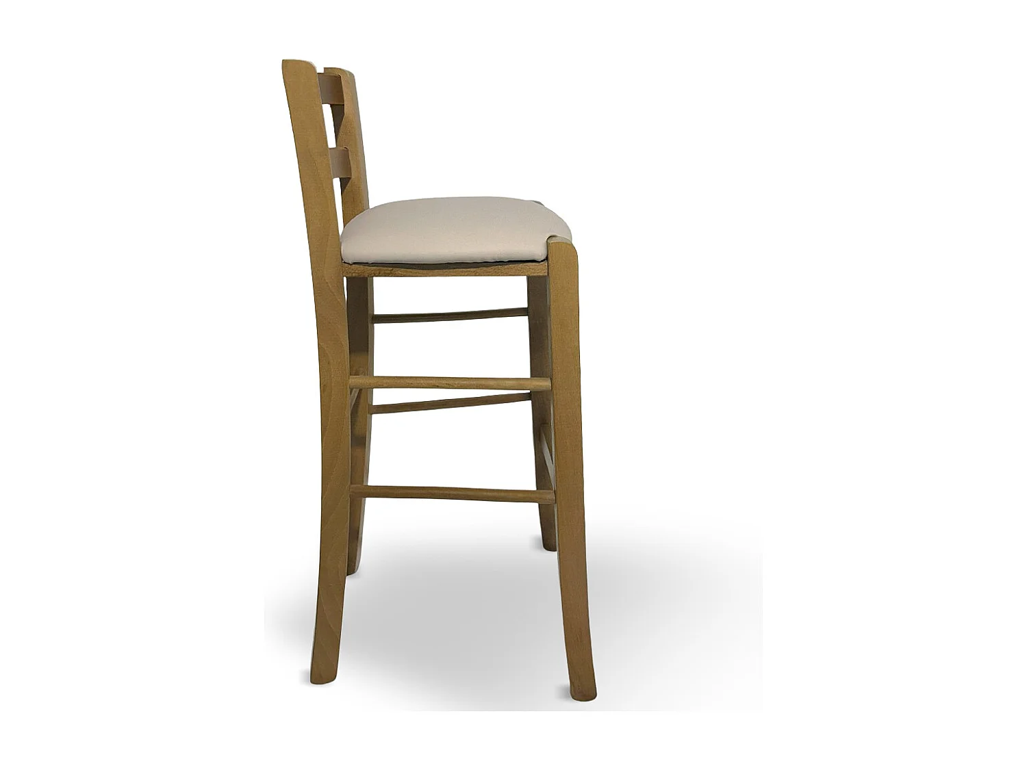 Tabouret en bois de noyer clair avec dossier h 66 cm avec assise en simili cuir beige