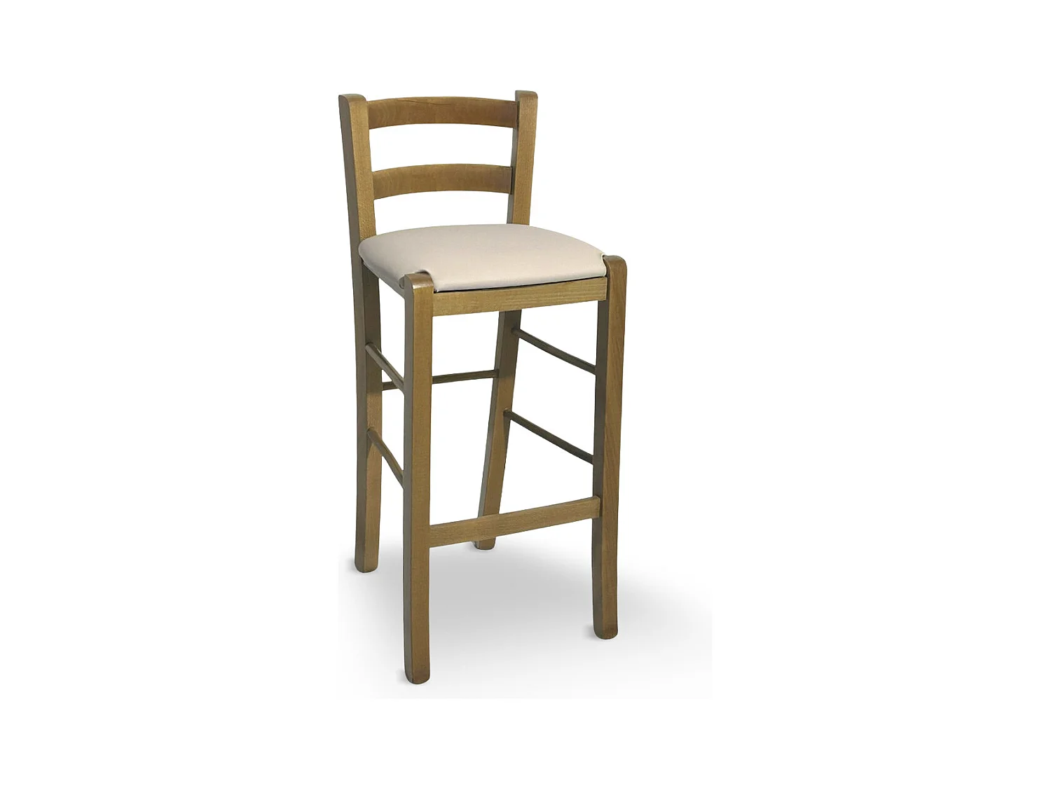 Sgabello in legno noce chiaro con schienale h 66 cm con seduta similpelle beige