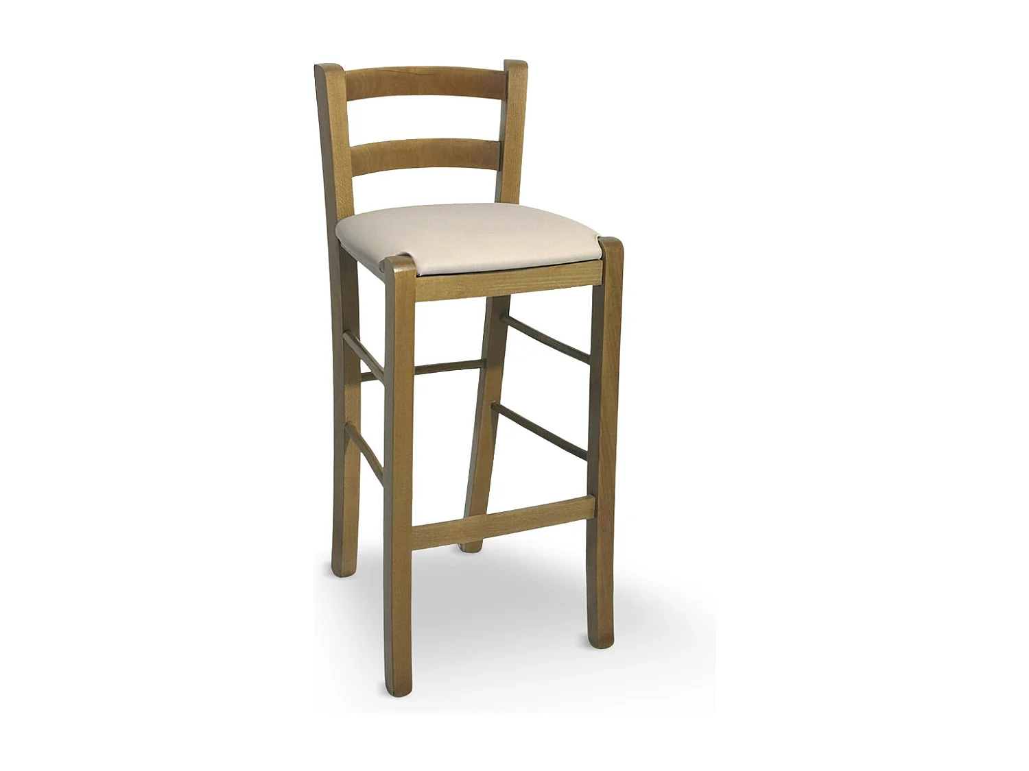 Tabouret en bois de noyer clair avec dossier h 66 cm avec assise en simili cuir beige