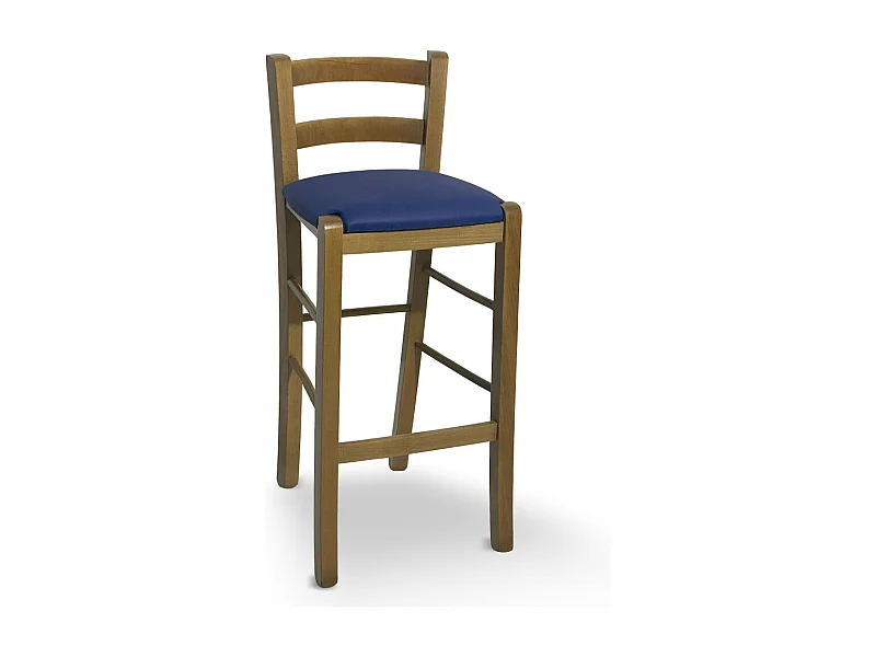Tabouret en bois de noyer clair avec dossier h 66 cm avec assise en simili cuir bleu