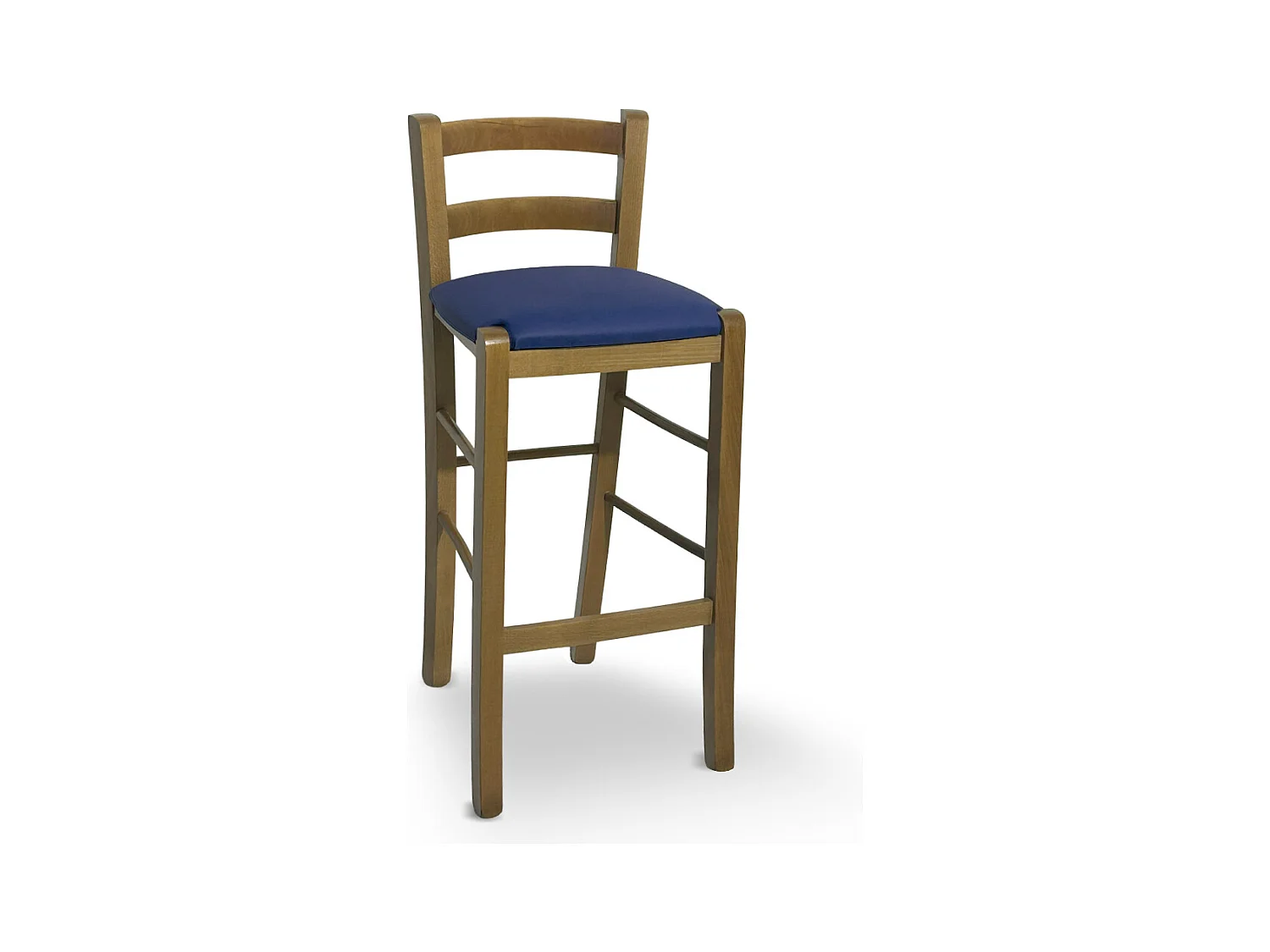 Tabouret en bois de noyer clair avec dossier h 66 cm avec assise en simili cuir bleu