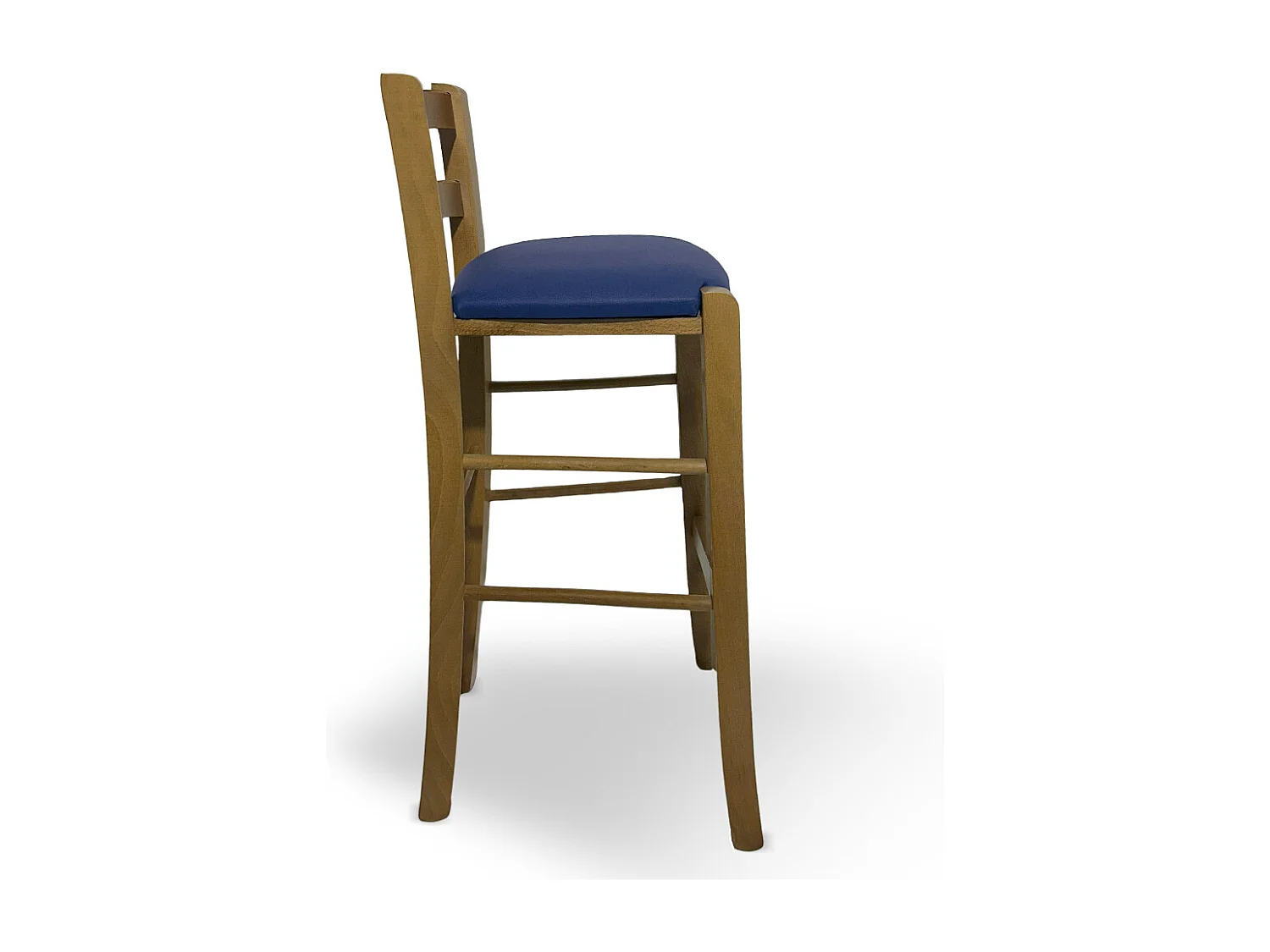 Tabouret en bois de noyer clair avec dossier h 66 cm avec assise en simili cuir bleu