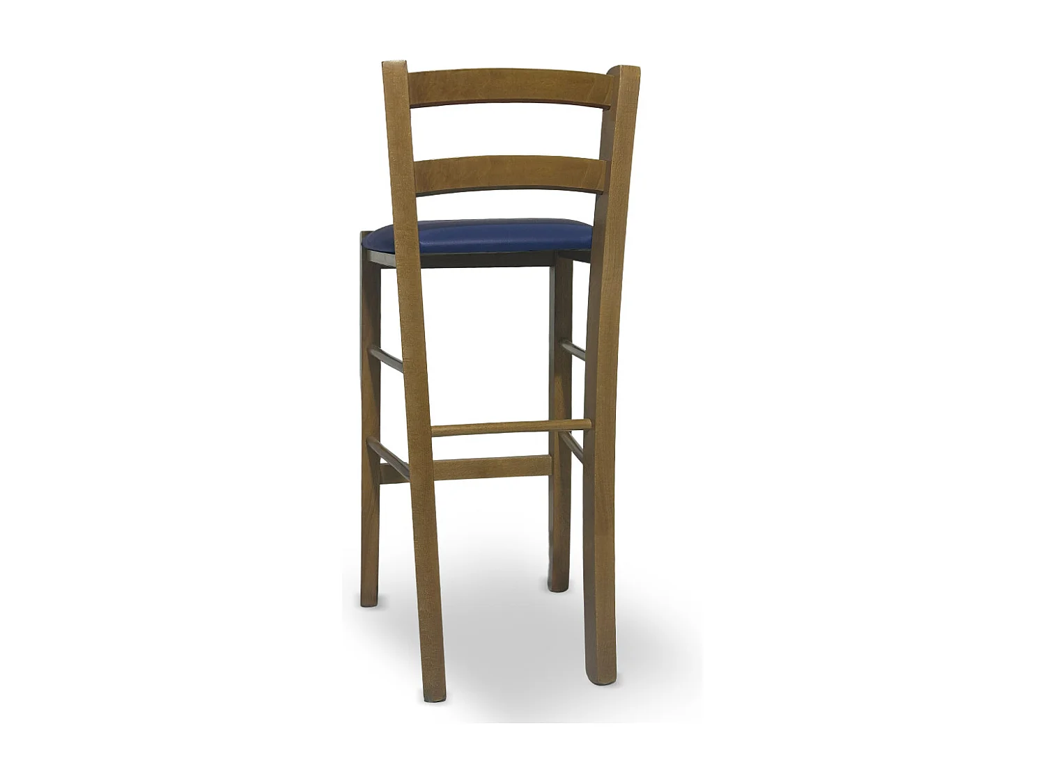 Tabouret en bois de noyer clair avec dossier h 66 cm avec assise en simili cuir bleu