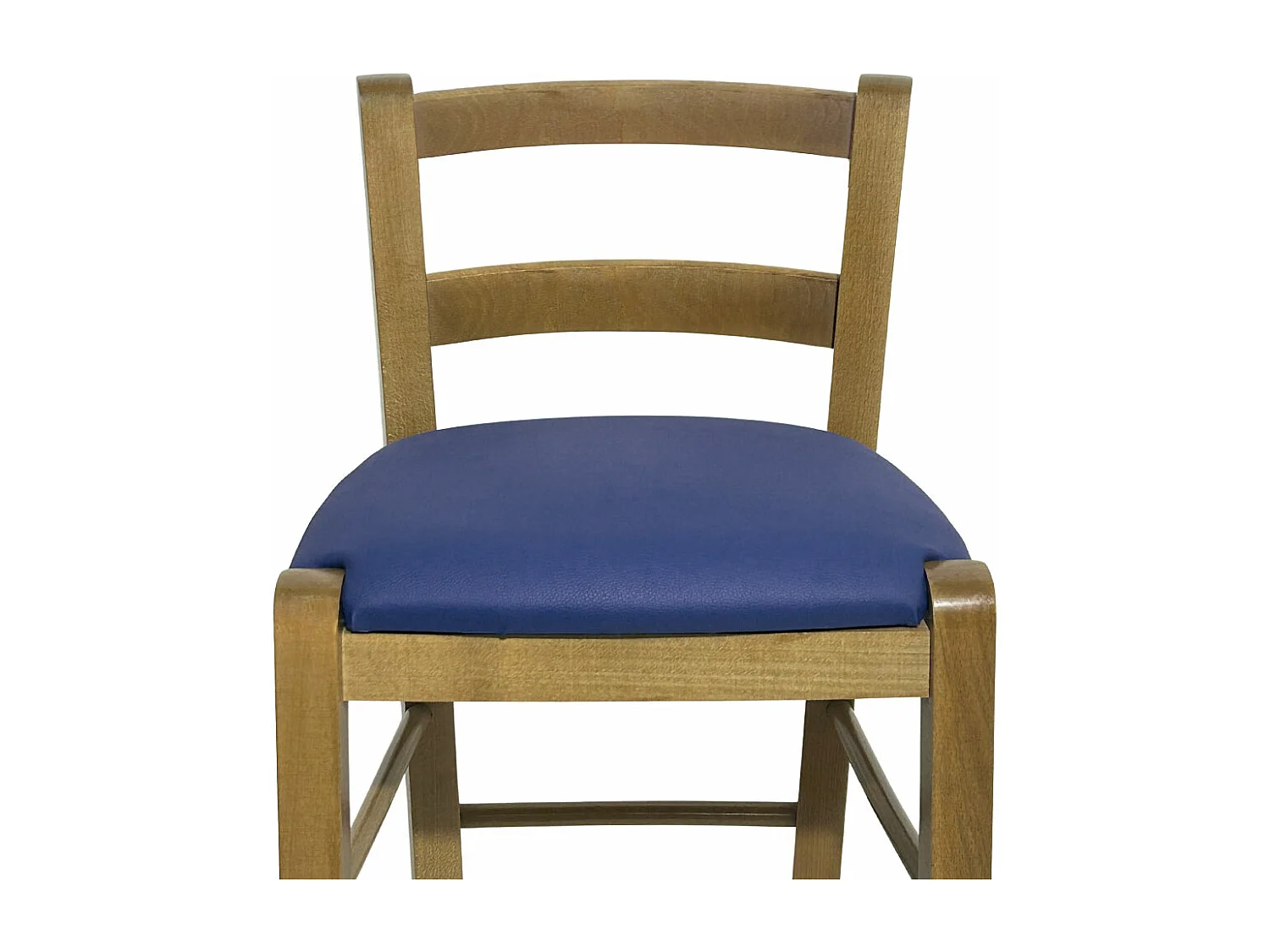 Tabouret en bois de noyer clair avec dossier h 66 cm avec assise en simili cuir bleu