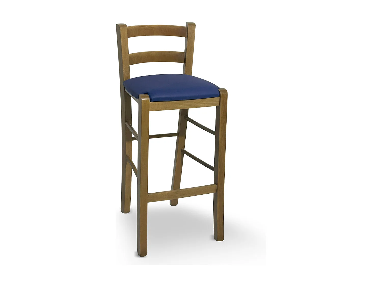 Tabouret en bois de noyer clair avec dossier h 66 cm avec assise en simili cuir bleu