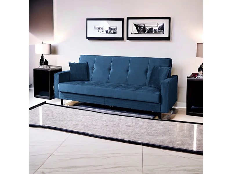 Sofa Luna Schlafsofa im skandinavisches Stil, Couch mit Schlaffunktion und Bettkasten, Polstersofa für Wohnzimmer 213 cm, dunkelblau