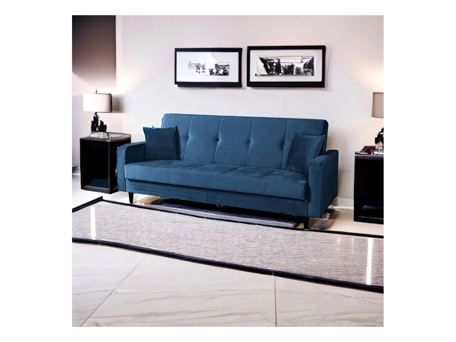 Sofa Luna Schlafsofa im skandinavisches Stil, Couch mit Schlaffunktion und Bettkasten, Polstersofa für Wohnzimmer 213 cm, dunkelblau