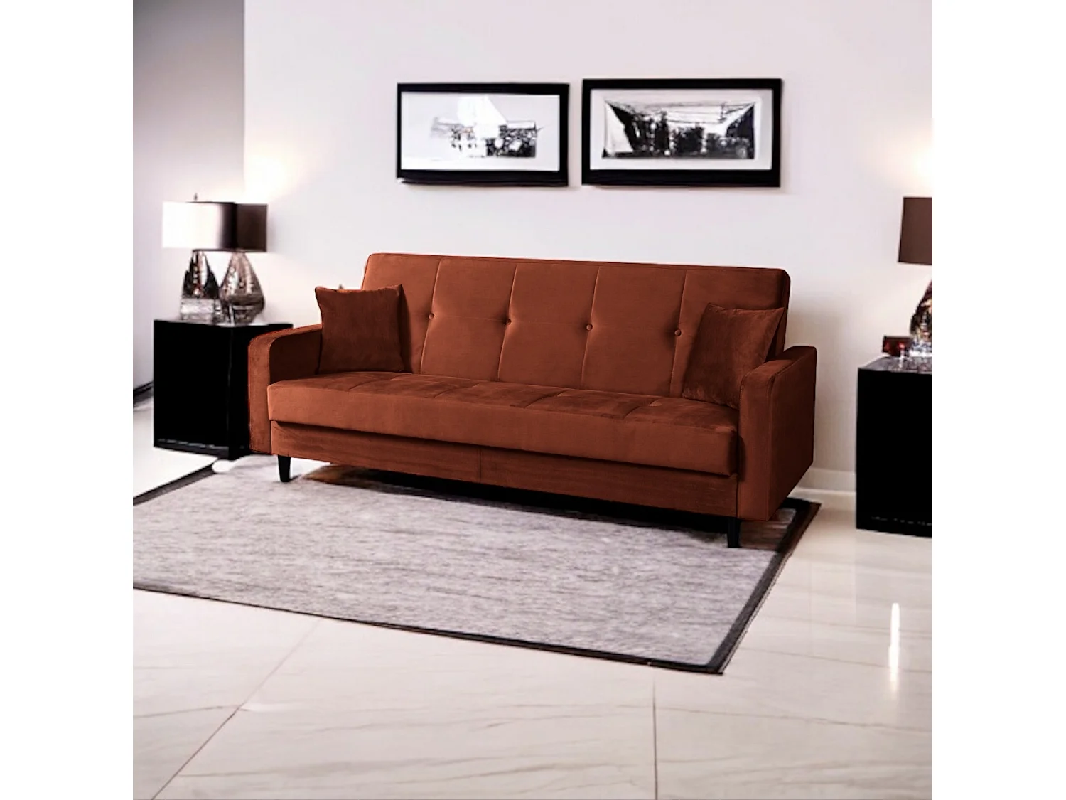 Sofa Luna Schlafsofa im skandinavisches Stil, Couch mit Schlaffunktion und Bettkasten, Polstersofa für Wohnzimmer 213 cm, braun