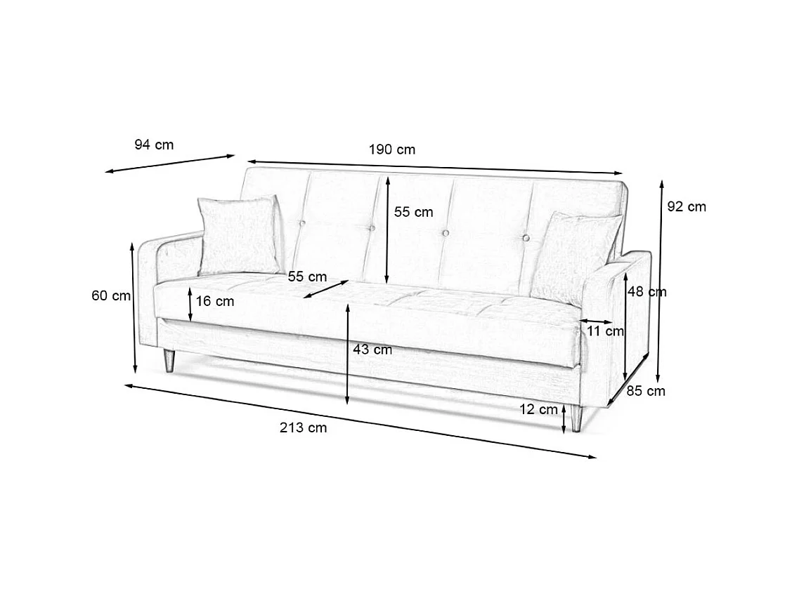 Sofa Luna Schlafsofa im skandinavisches Stil, Couch mit Schlaffunktion und Bettkasten, Polstersofa für Wohnzimmer 213 cm, braun
