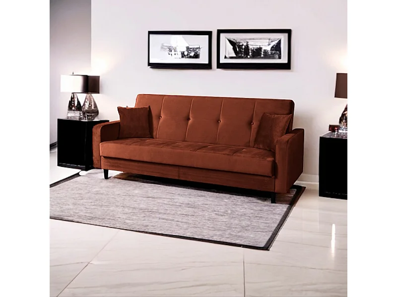 Sofa Luna Schlafsofa im skandinavisches Stil, Couch mit Schlaffunktion und Bettkasten, Polstersofa für Wohnzimmer 213 cm, braun