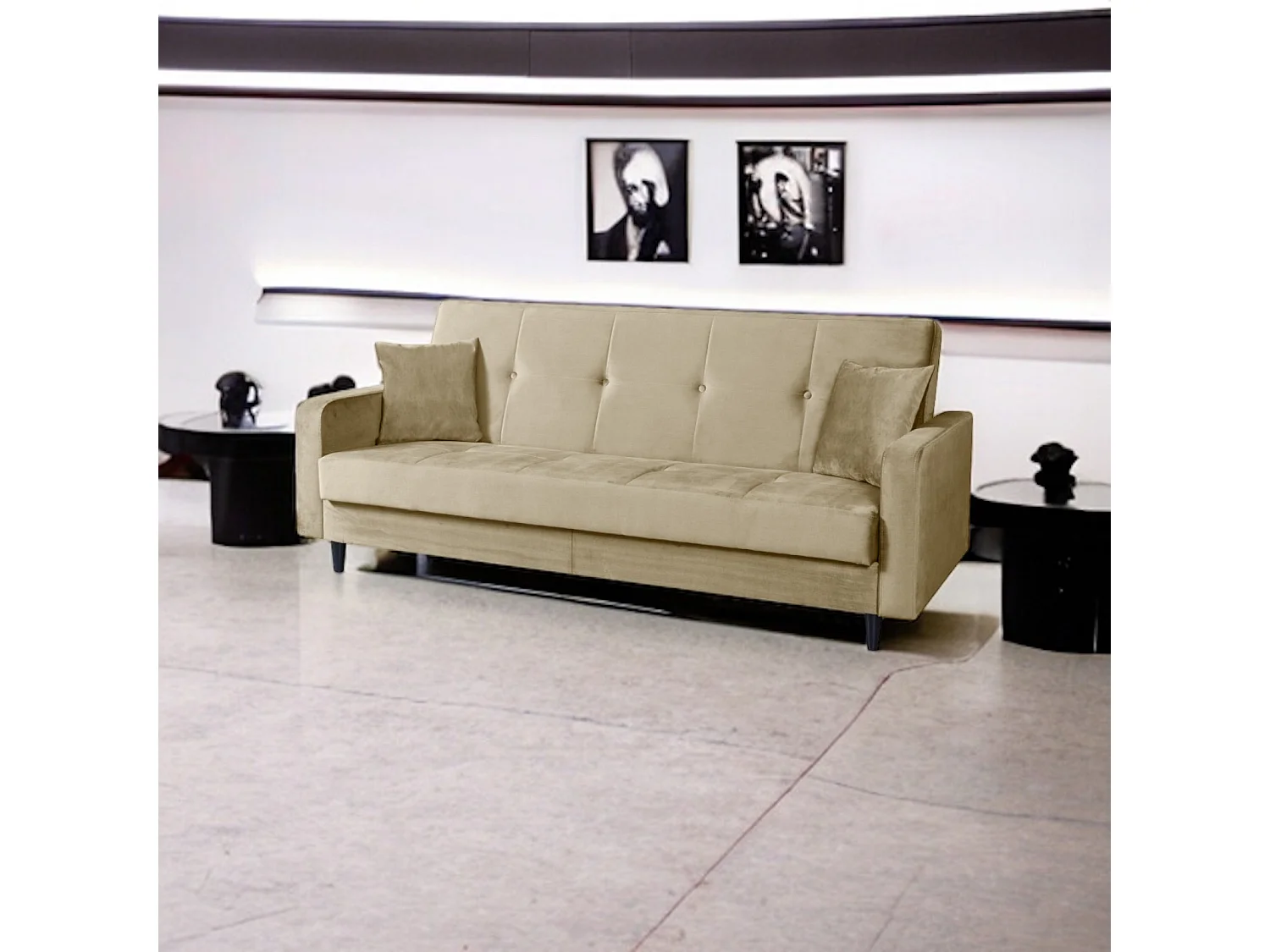 Sofa Luna Schlafsofa im skandinavisches Stil, Couch mit Schlaffunktion und Bettkasten, Polstersofa für Wohnzimmer 213 cm, beige