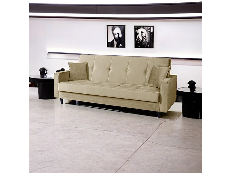 Sofa Luna Schlafsofa im skandinavisches Stil, Couch mit Schlaffunktion und Bettkasten, Polstersofa für Wohnzimmer 213 cm, beige
