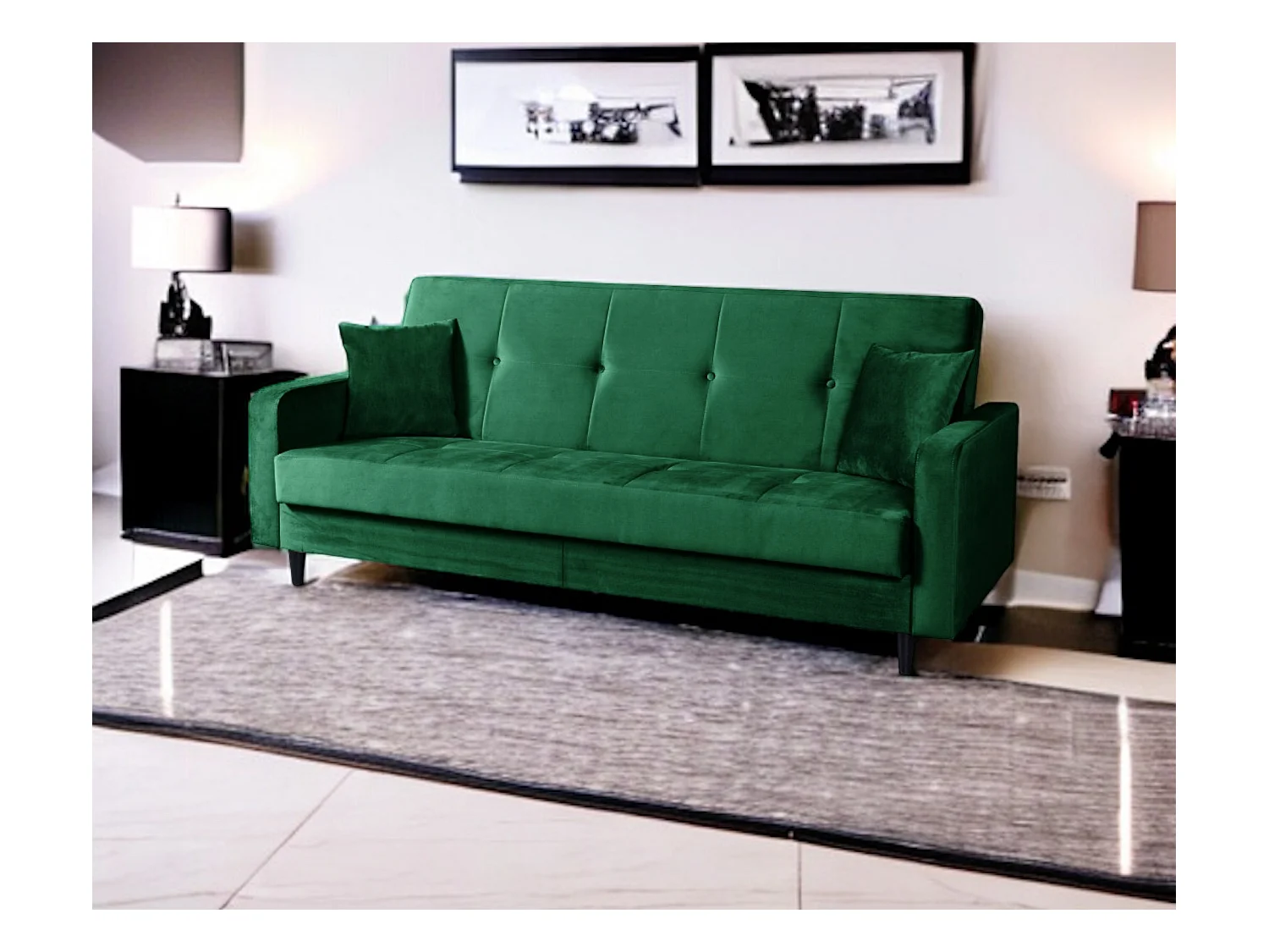 Sofa Luna Schlafsofa im skandinavisches Stil, Couch mit Schlaffunktion und Bettkasten, Polstersofa für Wohnzimmer 213 cm,  grün