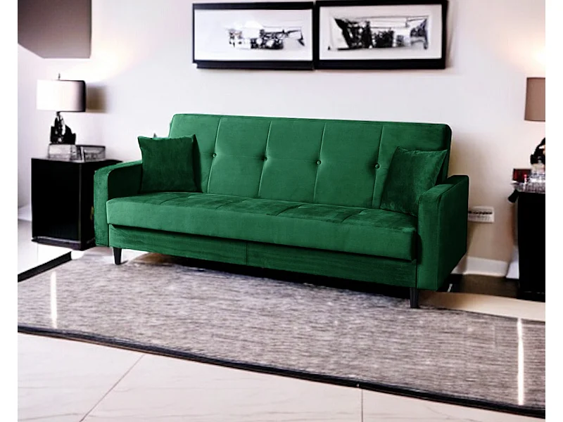 Sofa Luna Schlafsofa im skandinavisches Stil, Couch mit Schlaffunktion und Bettkasten, Polstersofa für Wohnzimmer 213 cm,  grün